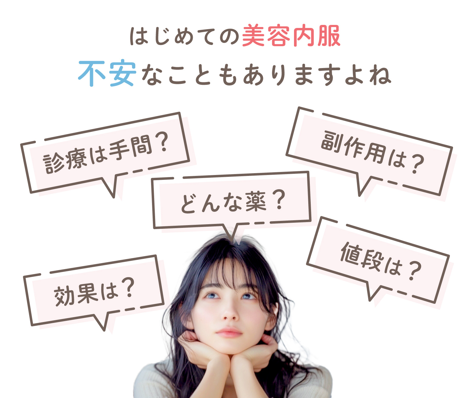 「診療は手間?」「どんな薬?」「副作用は?」「値段は?」「効果は?」など、はじめての美容内服、不安なこともありますよね