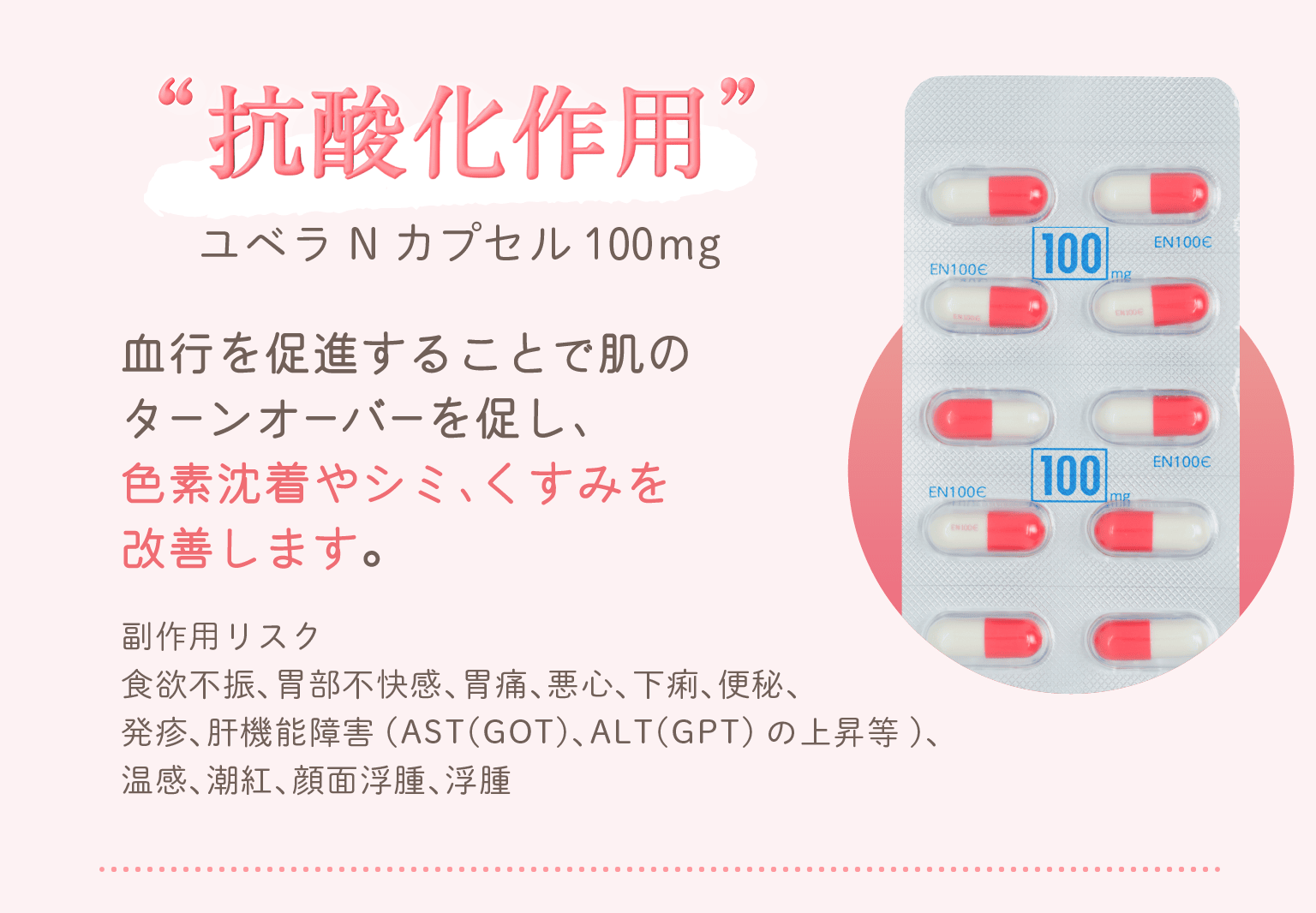 「抗酸化作用」ユベラNカプセル100mg血行を促進することで肌のターンオーバーを促し、色素沈着やシミ、くすみを改善します。